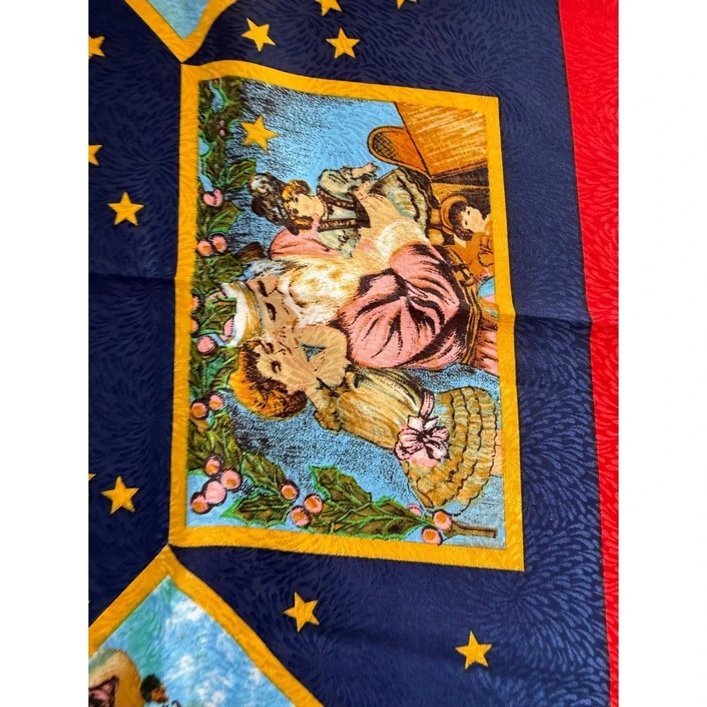 Vintage Peacock Silk Trading Co Santa Christmas Lg Square Scarf Navy Red Retro
